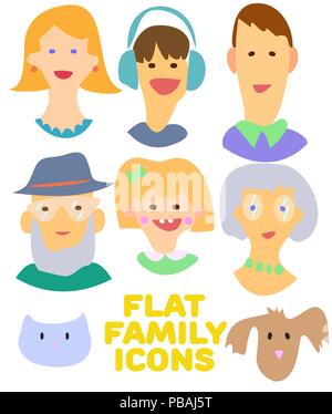 Flat design icons collection of family members avatars: mom, dad, son, daughter, grandmother, grandfather, dog and cat. Vector colorful illustrations Stock Vector