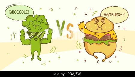 Broccoli man vs Hamburger guy. Cute kawaii cartoon persons. Flat line design. Healthy vegan food and unhealthy fast food characters. Natural product a Stock Vector