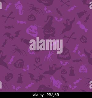 Halloween pumpkins, bones, bats and skulls seamless pattern. Violet vector illustration in cartoon style for holiday poster, banner, brochure, invitat Stock Vector