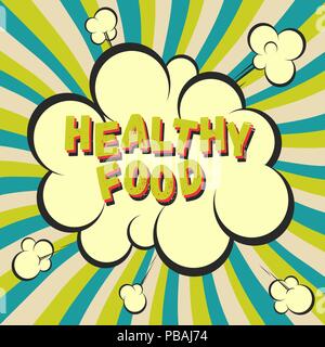 Healthy food retro style image. Comic cartoon explosion with hypno rays background. Vector illustration for diet and nutrition, weight loss, health an Stock Vector