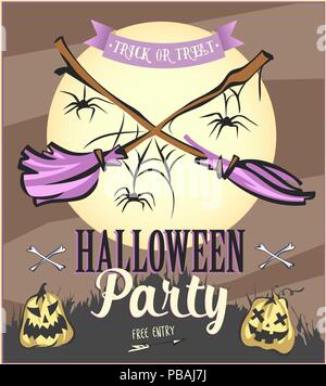 Halloween Party poster with pumpkins and moon with brooms. Vector illustration. Stock Vector
