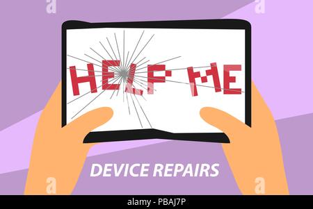 Devcie repairs flat design sign. Vector illustration of broken tablet PC with "help me" lettering for advertising banners, posters, signs, signboards, Stock Vector