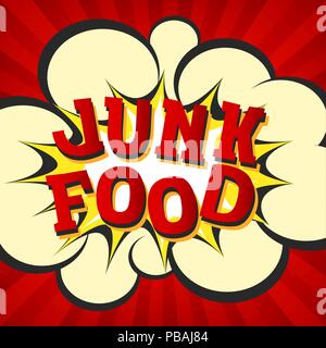 Junk food retro style image. Comic cartoon explosion with hypno rays background. Vector illustration for diet and nutrition, weight loss, health and b Stock Vector