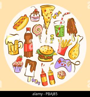 Set of fast food dishes. Junk food in circle composition. Vector illustration for diet and nutrition, weight loss, health and bad habits articles, ban Stock Vector