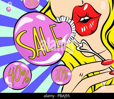 Pop art sale banner. Girl making soap bubbles. Vector retro styled illustration. Blonde woman with red lips. Stock Vector