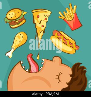 Fast food addiction concept. Unhealthy nutrition conception. Obese man and different dishes in cartoon style. Vector illustration Stock Vector