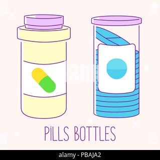 Set of pill bottles. Flat line icons on pink background. Pills jars for tablets. Medical containers. Vector illustrations Stock Vector