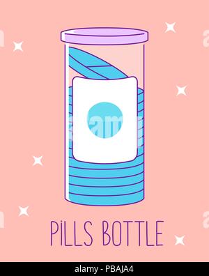 Pill bottle flat line icon on pink background. Pills jar for tablets. Medical container. Vector illustration Stock Vector