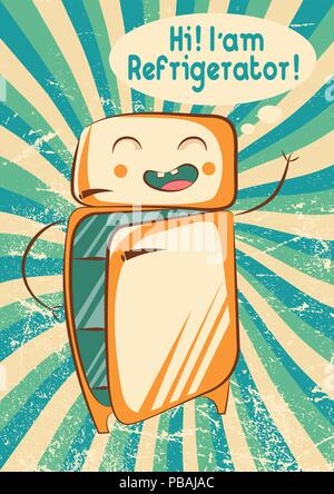 Cute kawaii old refrigerator on hypno rays background. Retro modern cartoon style. Vector illustration for diet, nutrition articles, advertising banne Stock Vector