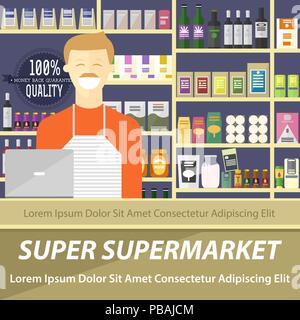 Super supermarket flat design layout. Vector illustration of smiling seller in a store with full shelves of different abstract goods. Stock Vector