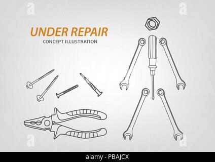 Under repair concept composition. Doodle working tools: screwdriver, key, pliers, screws and nut. Vector illustration Stock Vector