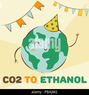 CO2 to ethanol, happy planet celebrates this breakthrough, doodle childish style, vector illustration Stock Vector