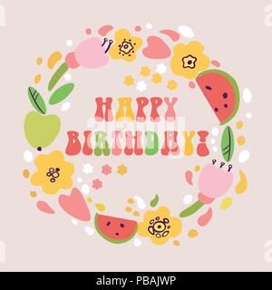 Happy birthday flat style wreath card, vector illustration in pastel colors Stock Vector