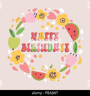 Happy birthday flat kawaii wreath card, vector illustration in pastel colors Stock Vector