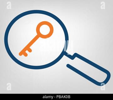 security scan icon, magnifying glass and key, flat line design Stock Vector