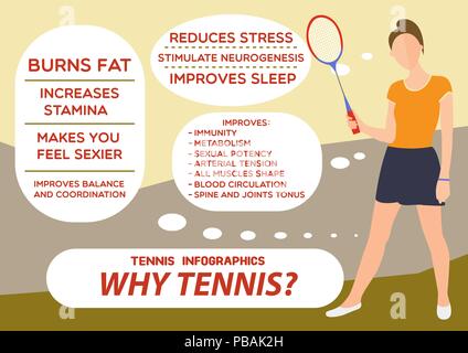 Tennis infographics, flat design, vector illustration of young adult faceless woman with racket and informative bubbles Stock Vector