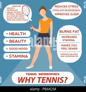 Tennis infographic with imperson girl, flat design - vector illustration of young adult woman with tennis racquet in front view with informative bubbl Stock Vector