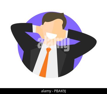 Satisfied relaxing businessman flat icon. Work done concept. Happy impersonal man. Vector image Stock Vector