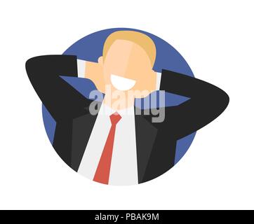 Satisfied relaxing man flat icon. Work done concept. Happy impersonal businessman. Vector image Stock Vector