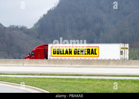 Mars Hill, USA - April 19, 2018: Dollar General ground transportation freight truck on road, highway with mountains in background Stock Photo