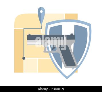 Police duty icon, pistol with shield and map, flat style vector illustration Stock Vector