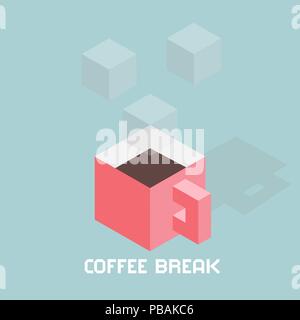 Cubes formed coffee cup, digital coffee break concept, isometric vector illustration Stock Vector