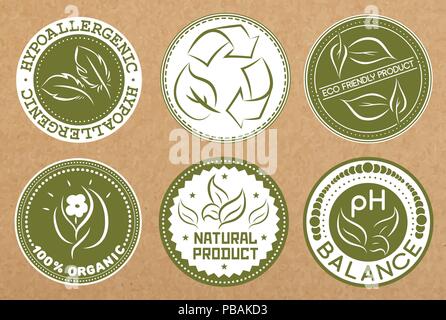 Set of hypoallergenic, recyclable, eco friendly, organic badges, icons, sticker layouts Stock Vector