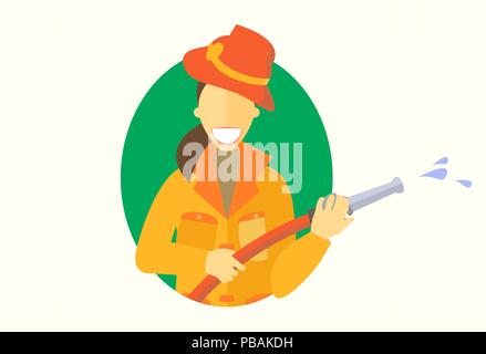 Woman holding firehose icon, vector flat design, girl do men's work concept Stock Vector