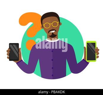 Mobile selection flat design illustration, black man choosing smartphone, isolated vector sign, synchronization icon Stock Vector