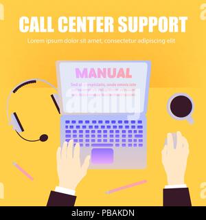 Call center support workers workspace with laptop, pencils, coffee, headphones on orange background and space for text. Flat design, top view, office  Stock Vector