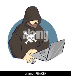 Hacker on laptop icon, cartoon criminal sign, vector illustration Stock Vector