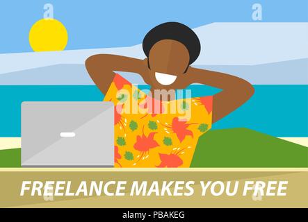 Happy black man working on a laptop, freelancer on the beach working on a computer, flat design vector illustration Stock Vector