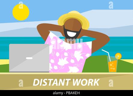 Happy black man working remotely on a laptop. Distant work, freelance, business freedom concept. Flat design vector illustration Stock Vector