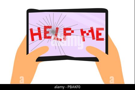 Broken tablet PC with "help me" lettering, vector illustration Stock Vector