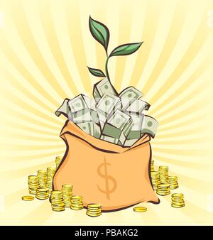 Money bag with bunches of dollars on retro rays background, coins stacks beside, money tree sprout, cartoon style, vector illustration Stock Vector