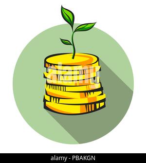 Money tree sprout grows from coins stack, pop art vector icon Stock Vector