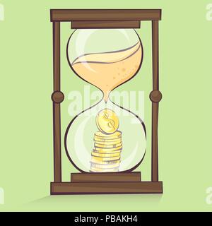 Money in hourglass, coins stacks inside of sand clock, cartoon style, isolated vector illustration Stock Vector