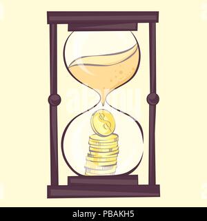 Time is money concept, hourglass cartoon illustration with dollar. Sandglass, retro style, vector image. Stock Vector