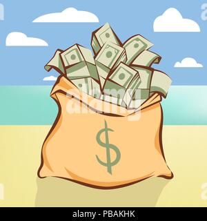 Money bag with bunches of dollars on island beach vector illustration Stock Vector