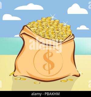 Gold coins treasure on island beach vector illustration Stock Vector