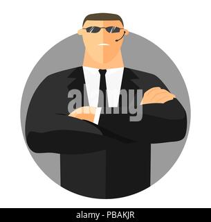 Security sign, safety icon, flat design. Security guard with crossed hands in suit. Vector illustration Stock Vector