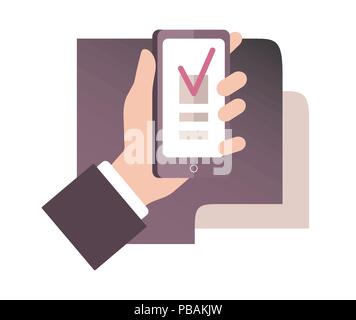 Smartphone with check box, flat gradient style vector icon isolated on white, violet shades Stock Vector