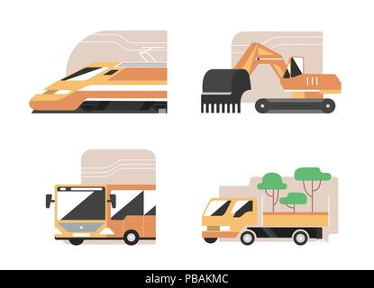 Set of machines. High speed train, excavator, public bus, gardening pickup. Flat style vector icons, municipal technics signs Stock Vector