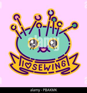 Needles pillow badge, cute kawaii flat design style sign, dressmaker icon, I love sewing lettering, vector cartoon character Stock Vector