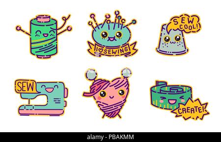 Sewing badge set, cute kawaii flat design style signs, dressmaker icons, vector illustrations Stock Vector