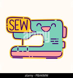 Sewing machine badge, cute kawaii flat design style sign, dressmaker icon, sew lettering, vector cartoon character Stock Vector