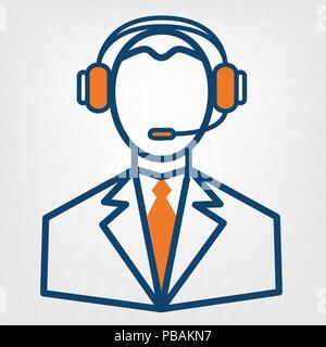 Call center support vector sign, man in handsfree headphones icon Stock Vector