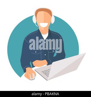 Call center icon, flat design isolated vector sign, smiling man with headphones Stock Vector