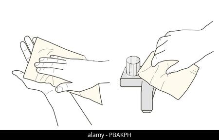 Hands wiping and tap closing with paper towel, vector illustration, instruction sign Stock Vector