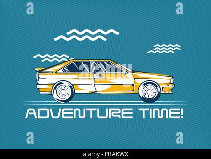 Let's travel concept poster with retro vehicle, palms and sunrise vector illustration. Vintage poster style Stock Vector